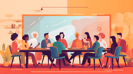Global Business Collaboration: Illustration of a Circular Table Meeting with People from Around the World. Generative AI