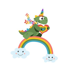 Kawaii Dino cartoon in unicorn vector on rainbow cute animal, Nursery decoration, hand drawn isolated on a white background. Fairytale pony horse dino - Perfect for kid's greeting card. 