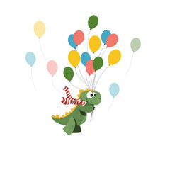 Cute dinosaur flying in a hot air balloon theme vector illustration for fashion artworks, t-shirt prints. Adorable hand drawn childish dinosaur characters are flying in a hot air balloon.