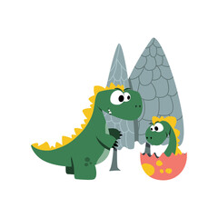 Two dinosaurs - a large dinosaur and a baby in an egg. Vector illustration.