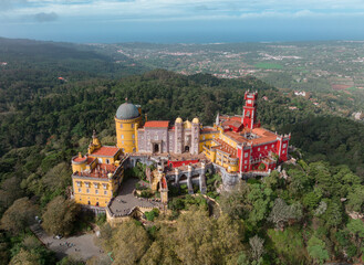 Palace of Pena in Sintra. Lisbon, Portugal. Part of cultural site of Sintra City. Drone Point of View