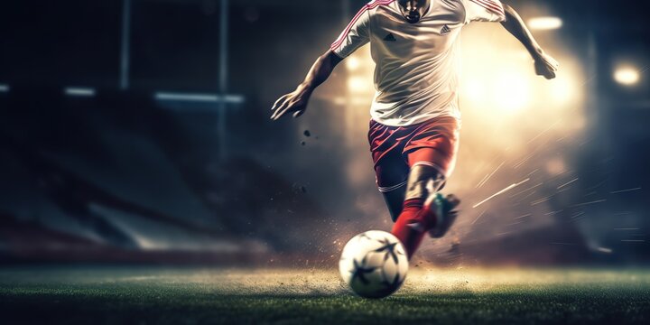 AI Generated. AI Generative. Soccer football ball foot kick motion game sport fit competition photo illustration. Graphic Art