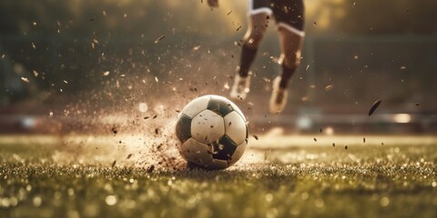 AI Generated. AI Generative. Soccer football ball foot kick motion game sport fit competition photo illustration. Graphic Art