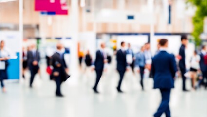 blurred business people walking at a trade fair, conference or walking in a modern hall, generative ai - obrazy, fototapety, plakaty