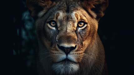 Fototapeta na wymiar Lioness Portrait in the dark. Generative AI