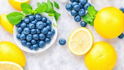 Fototapeta na wymiar Summer background with lemon fruits, orange, blueberries and mint leaves. Fruits for Summer Lemonade. Summer concept. Flat lay, top view, copy space, generative ai