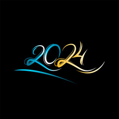 Neon 2024 hand drawn lettering, golden and blue glow. Vector glitter design element for holiday cards, Christmas or New Year party headliner, banner, poster. Happy New Year 2024 Text Design template