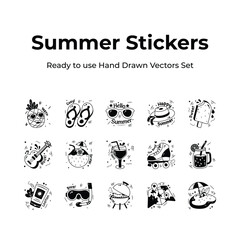 Get you hands on this creatively designed hand drawn stickers of summer vacation, travel and adventure vectors 