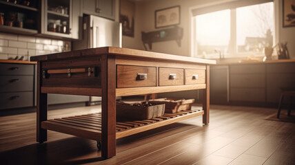 Table with drawers in interior of modern kitchen.