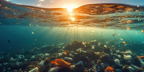 AI Generated. AI Generative. Plastic ecology ocean sea water underwater pollution trash. Eco world problem. Graphic Art - obrazy, fototapety, plakaty