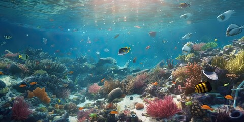 Obraz na płótnie Canvas AI Generated. AI Generative. Plastic ecology ocean sea water underwater pollution trash. Eco world problem. Graphic Art