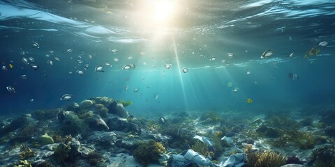 Fototapeta premium AI Generated. AI Generative. Plastic ecology ocean sea water underwater pollution trash. Eco world problem. Graphic Art