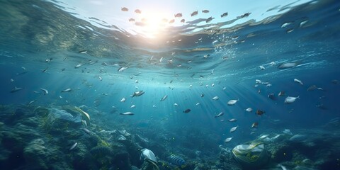 Fototapeta na wymiar AI Generated. AI Generative. Plastic ecology ocean sea water underwater pollution trash. Eco world problem. Graphic Art
