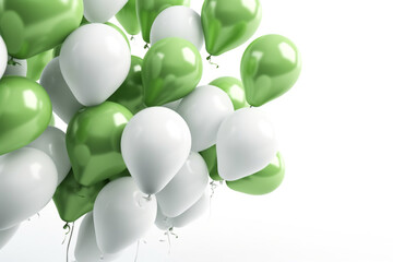 fliegende gr&uuml;ne und wei&szlig;e Ballons auf hellem Hintergrund. Querformat. Generative Ai.