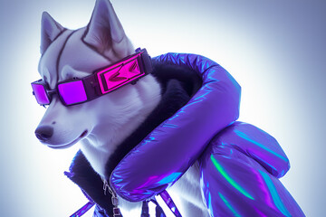 Futuristic fashion portrait of Siberian Husky dog. generative AI