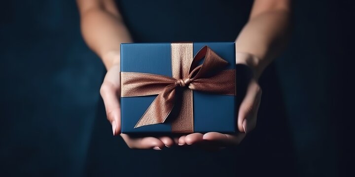AI Generated. AI Generative. Photo illustration of hands with box gift present. Christmas romantic birthday party vibe. Graphic Art