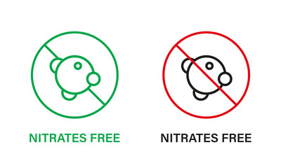 Nitrates Free Line Icon Set. Nitrites in Food Ingredient Stop Sign. Nitrate Forbidden Symbol. Nutrition Control Certified Badge. Guarantee Non Nitrite. Isolated Vector Illustration