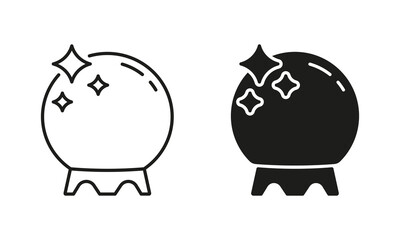 Magic Ball for Prediction, Guess Future Pictogram Set. Halloween Crystal Ball Line and Silhouette Black Icons. Wizard Globe, Witchcraft, Astrology Symbol Collection. Isolated Vector Illustration