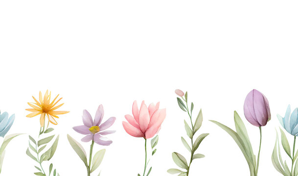 Flowers border seamless pattern illustration isolated on white . Generative AI