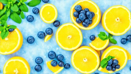 Summer background with lemon fruits, orange, blueberries and mint leaves. Fruits for Summer Lemonade. Summer concept. Flat lay, top view, copy, generative ai