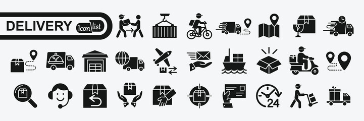 Delivery service icon set. Containing order tracking, delivery home, warehouse, truck, scooter, courier and cargo icons. Shipping symbol. Solid icons vector collection.