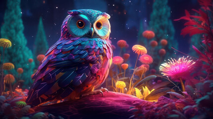 A colorful owl turns its head to look back in a neon-lit forest full of glowing flowers. The cyberpunk style creates a contrast between nature and technology AI Generative ART