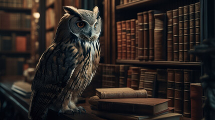 A library full of books is the resting place for an owl, who sits calmly on a table. The owl looks around with curiosity and intelligence AI Generative ART