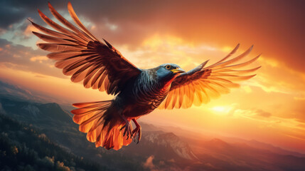 Plakat Bird soars above green mountain during sunset, showing elegance and freedom in bright and colorful Sky, creating a stunning backdrop. The bird’s wings and feathers shine in the light AI Generative ART