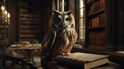 In a book-filled library, an owl rests on a table. It looks around with interest and wisdom AI Generative ART