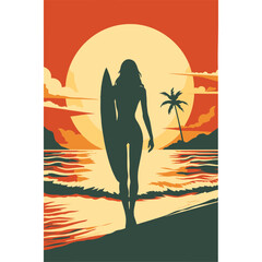 A female surfer glides on a wave, her hair flowing in the wind, as the sun sets over the beach