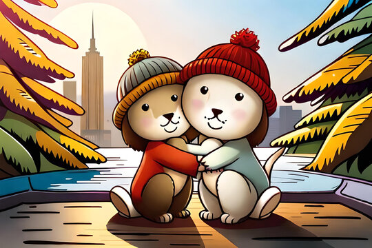 couple of dogs in warm hats hugging on the street. Created with AI technology
