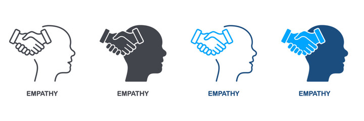 Empathy and Compassion Silhouette and Line Icon Set. Emotional Solace, Solidarity Symbol Collection. Human Head and Agreement Handshake Pictogram. Isolated Vector Illustration