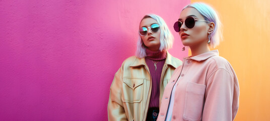 Fashion street portrait banner photo of two young women wearing pastel color clothes. Generative AI.