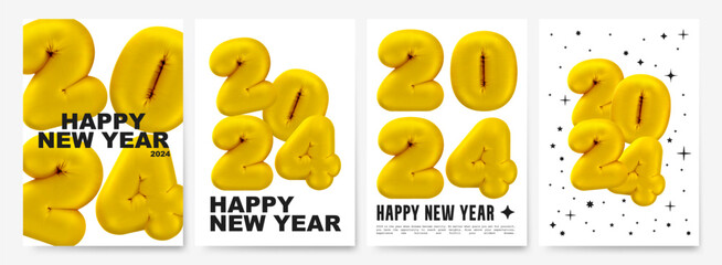 New Year's poster with golden 3D balloons with numbers 2024. Festive greetings for the new year. Vector set on white background © BonkiStudio
