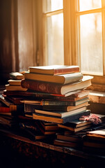 Vintage pile of leather books on wood table. Generative AI.