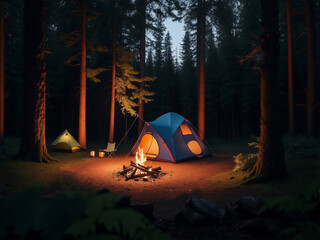 Tent in a forest with a camp fire, Generative AI Illustration.