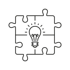Lightbulb in Puzzle, Solution Concept Pictogram. Success Innovation, Inspiration, Idea Line Icon. Invention Strategy Outline Sign. Jigsaw in Light Bulb. Editable Stroke. Isolated Vector Illustration