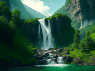 Moutain with waterfall green nature, Generative AI Illustration.