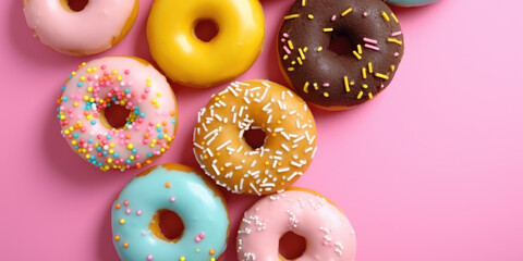 Top view of assorted donuts on blue concrete background with copy space. Colorful donuts background. Various glazed doughnuts with sprinkles