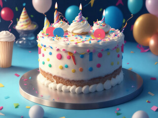 A cute happy birthday cake, Generative AI Illustration.