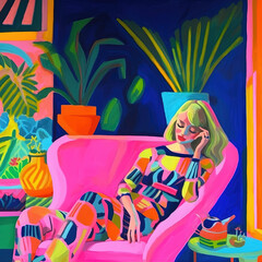 Background ai, sunny summer hawaiian holiday, exotic, glamorous woman relax, portrait, abstract art. Tropical colourful gouache illustration generated by artificial intelligence, bright matisse style.