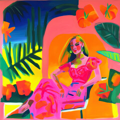 Obraz na płótnie Canvas Background ai, sunny summer hawaiian holiday, exotic, glamorous woman relax, portrait, abstract art. Tropical colourful gouache illustration generated by artificial intelligence, bright matisse style.