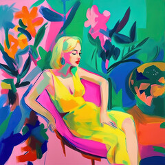 Obraz na płótnie Canvas Background ai, sunny summer hawaiian holiday, exotic, glamorous woman relax, portrait, abstract art. Tropical colourful gouache illustration generated by artificial intelligence, bright matisse style.