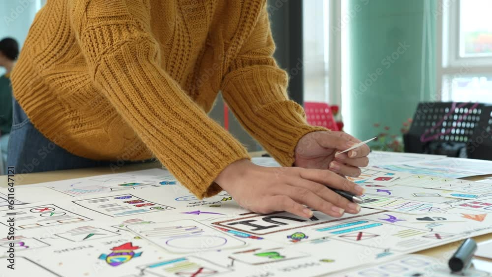 Wall mural close up ux developer and ui designer brainstorming interface wireframe design.creative digital deve