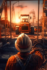 rear view of the construction worker engineer head which is wearing the orange safety helmet working in the construction, Ai generative
