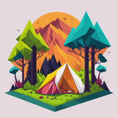 flat design illustration of a camping scene with tents under trees in front of mountains. Created with generative AI.