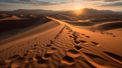 Fototapeta na wymiar Landscape of a hot desert with sandy wave and a trail in the evening good for concept. Generative AI technology.