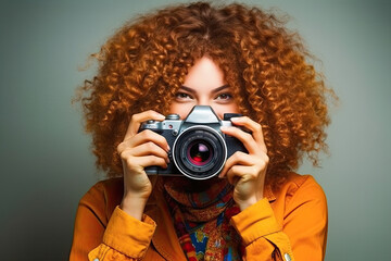mujer joven con pelo rizado afro,  sujetando una cámara cerca de su cara para hacer una foto, sobre fondo oscuro - obrazy, fototapety, plakaty