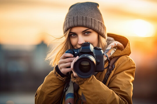 mujer rubia fotógrafa abrigada y con gorro de lana  con camara profesional cerca de su cara en el exterior haciendo fotos durante una puesta de sol