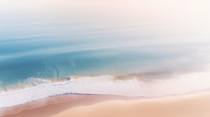 Aerial view of serene beach and waves with turquoise sea water. Top view of sea landscape. Summer, vacation mood banner with copy space. Generative AI